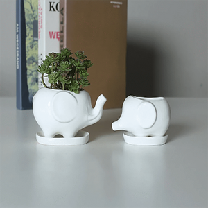 Set of 2 Cute Elephant White Ceramic Flower Pot with Tray